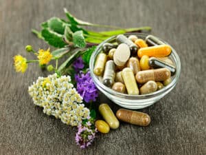 Herbs with alternative medicine herbal supplements and pills.  All for herbs for anxiety and depression. 