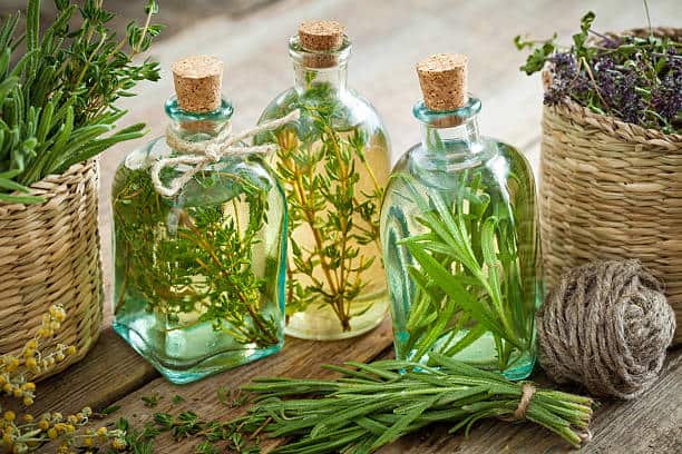 Bottles of thyme and rosemary essential oil or infusion, herbal medicine. All from herbs for anxiety and depression.