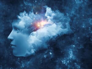 Universal Mind series. Visually pleasing composition of human head and fractal clouds to serve as  background in works on mind, dreams, think