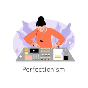 Perfectionist woman with OCD arranges items on the table, flat vector illustration isolated on white background. Obsessive compulsive disorder concept.A Piece On Perfection