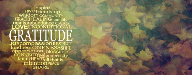 an autumnal multicoloured wide rustic grunge leaf background with GRATITUDE word cloud on left and copy space on right. Connection and Gratitude Are Key to Being Happy