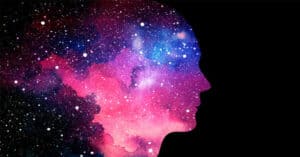 Vector illustration of human head on starry space background. Artificial intelligence or cosmic consciousness. Healing the Hidden Self by Examining the Mind