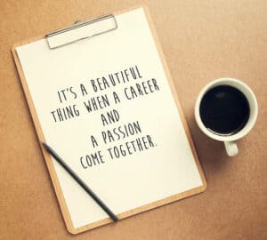 Inspirational motivating quote on clipboard and cup of coffee with retro filter effect. Hand writing Do What You Love, Love What You Do with marker on transparent wipe board. Concept about the importance to find a job you love that fills you with happiness and passion. Only do what you love.