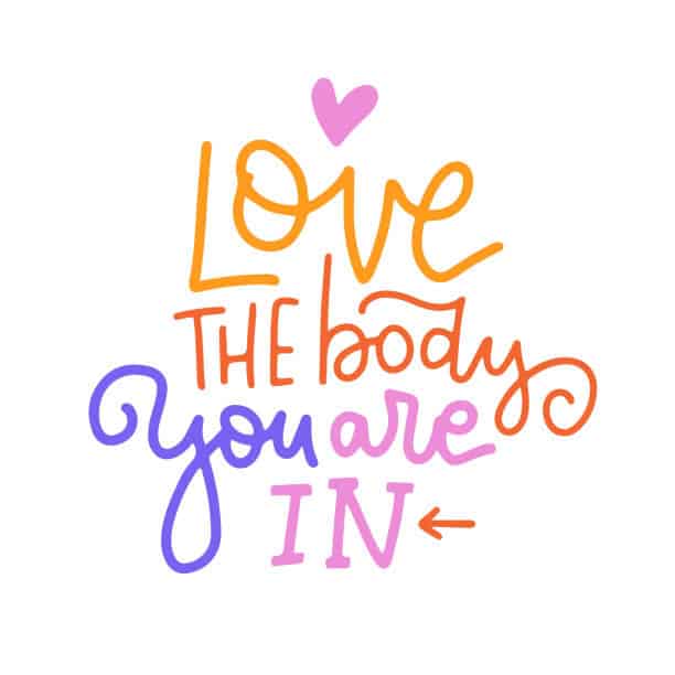 Love the body you are in - Motivation lettreing Quote. Modern calligraphy text about love yourself. Design print for t-shirt, badges, sticker, greeting card, banner. Vector hand written illustration. Love Your Body As You Love Yourself