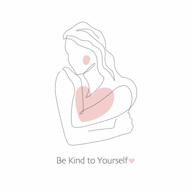 Self care, love your body concept. Cute girl hugging herself. Continuous line vector illustration of young woman. Body positive, slow living, healthcare poster. Be kind to yourself text. Learning to accept yourself even your flaws