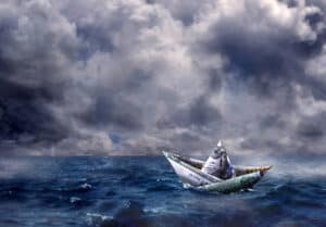 Conceptual dollar bill paper boat on dramatic seascape. 