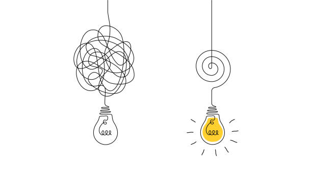 Tangled and scribble wires with light bulbs in One continuous line drawing. Concept of complex problem solving process and Clarifying idea in simple linear style. Doodle Vector illustration. Utilize Your Thoughts' Power