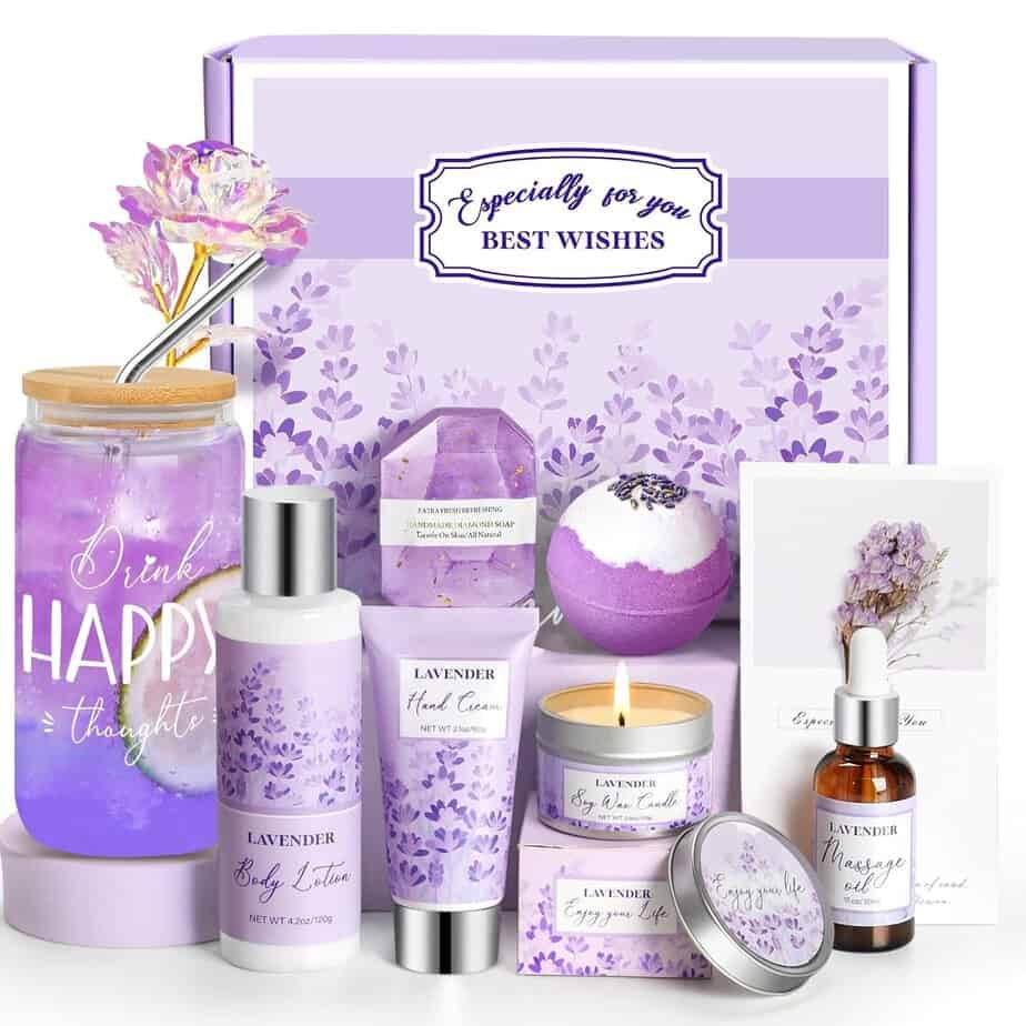 Bright lavender-themed skincare and aromatherapy products for women’s self-care.