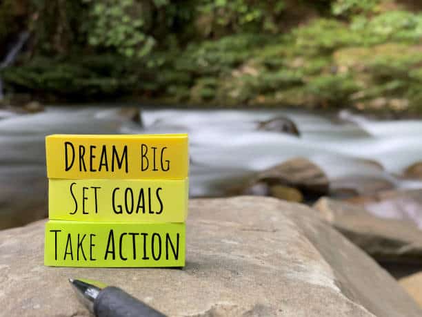 Dream big, set goals, take action on a rock