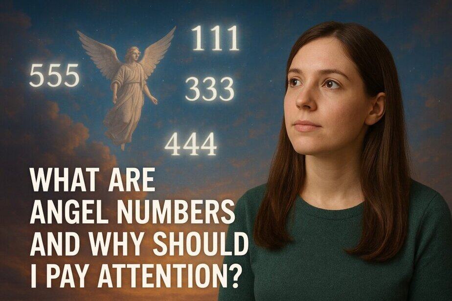 "Woman looking up at angel numbers in a celestial sky with the text: 'What Are Angel Numbers And Why Should I Pay Attention?'"