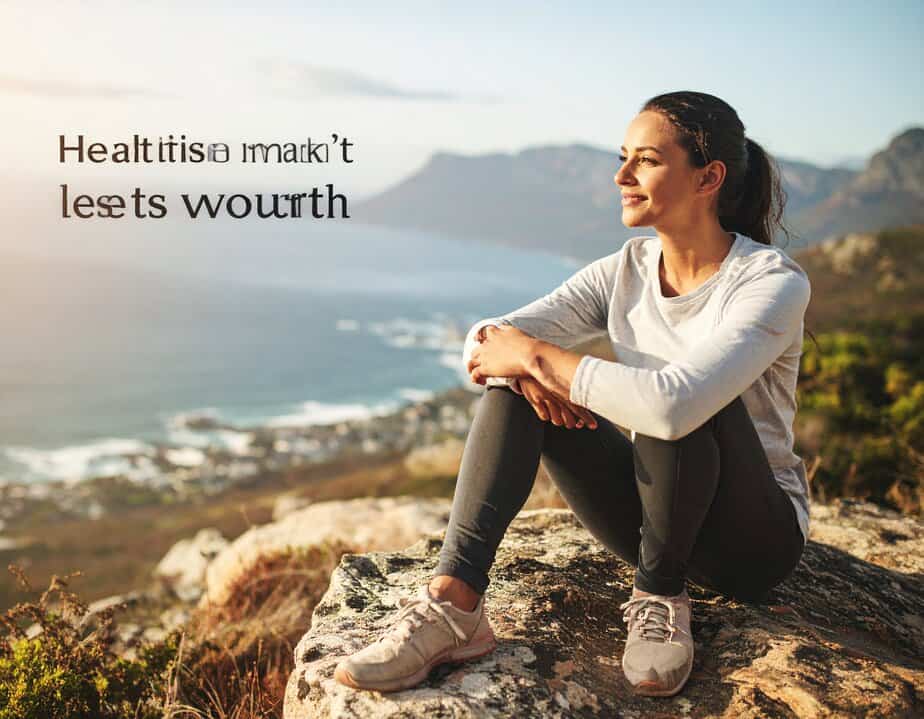 A woman in athletic wear sits peacefully on a rock overlooking the ocean and mountains, smiling while enjoying the sunset.
