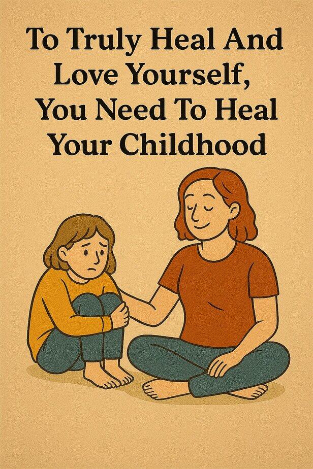 Adult woman gently comforts a sad young girl beside her. Text above reads: “To Truly Heal And Love Yourself, You Need To Heal Your Childhood.”