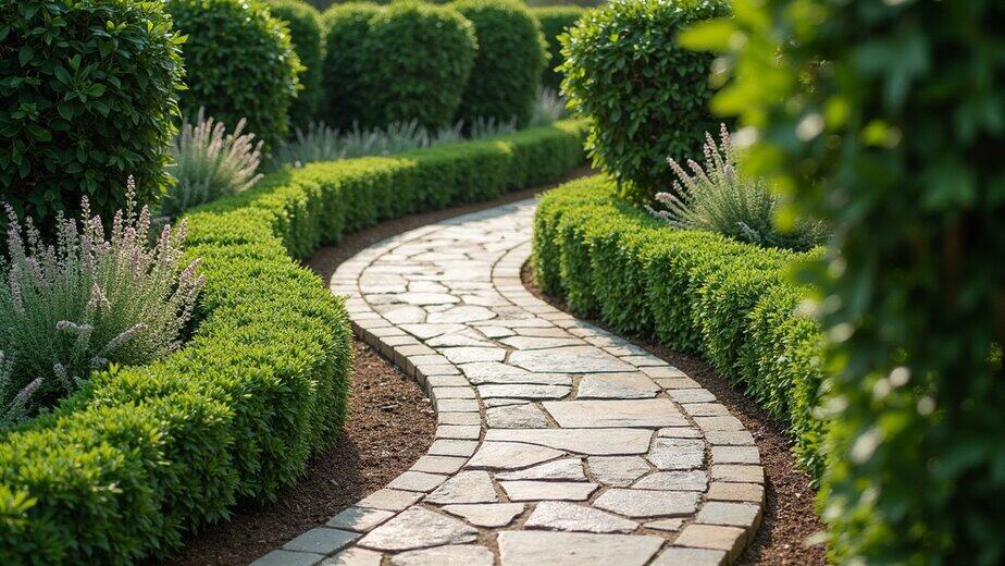 A winding stone path curving between lush green bushes and flowerbeds, symbolizing a journey toward balance and personal space in nature.