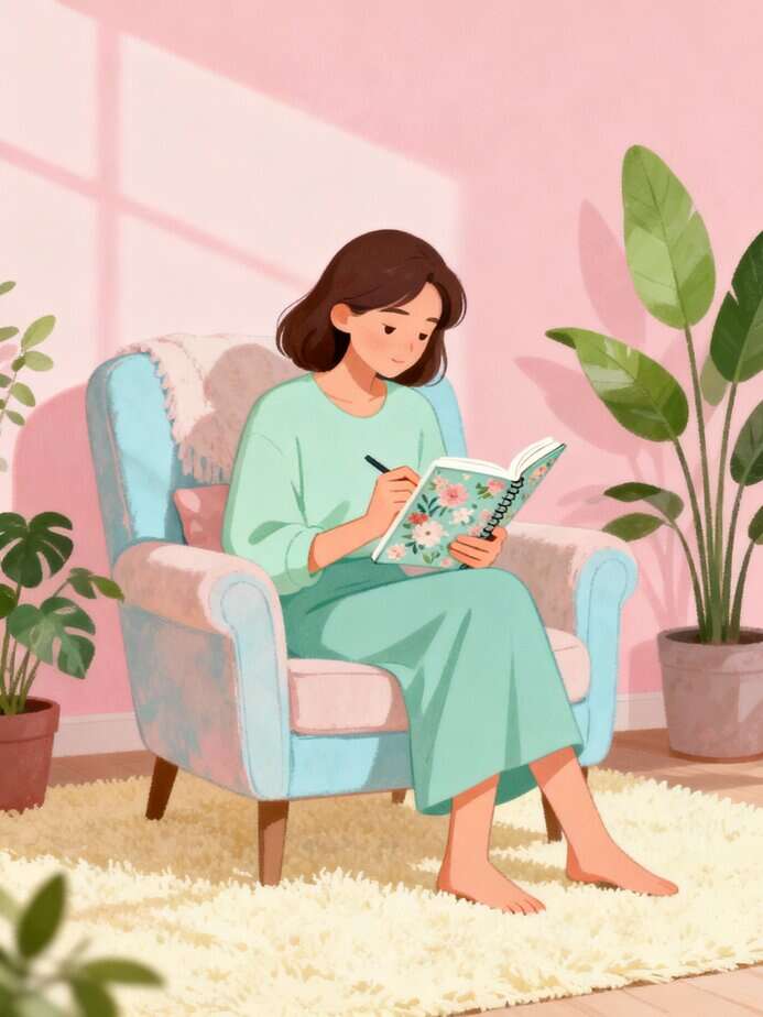 Woman journaling in a peaceful, pastel-toned space, reflecting emotional growth.
