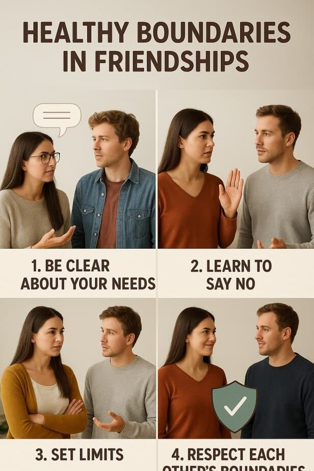 Two women discussing boundaries, one with arms crossed and one gesturing, under the title ‘Healthy Boundaries in Friendships.