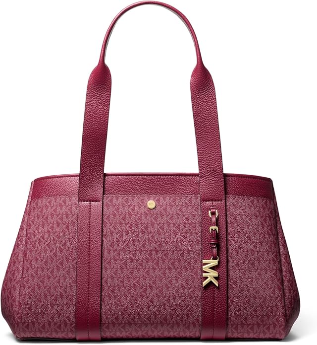 Michael Kors Romee Large Tote three-quarter view with color swatches (Mulberry; Birch; Black) and a gold “Shop Now” button.