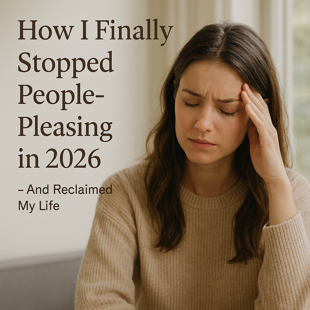 Woman in beige sweater with hand on heart, eyes closed near window — reflecting emotional clarity and the moment she stopped people‑pleasing.