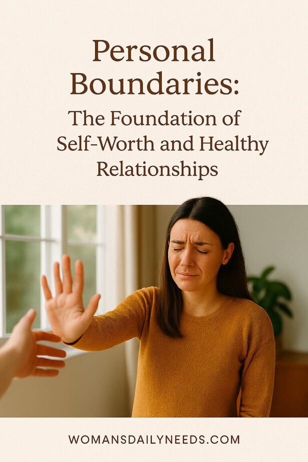 A woman calmly sets a boundary with her hand raised, standing in soft natural light near a window. Her expression is firm yet peaceful, reflecting emotional clarity and self-worth.