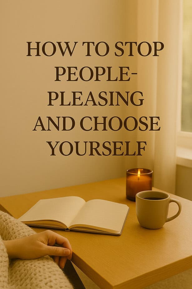 Soft interior scene with journal, candle, and mug on a wooden table near a sunlit window.