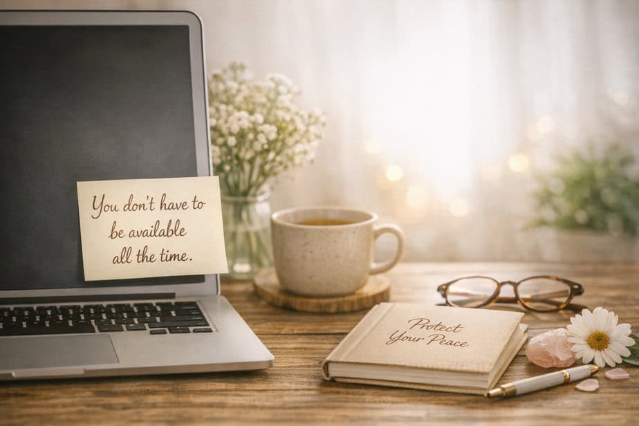 Soft workspace scene with a laptop, tea mug, journal, and sticky note reading ‘You don’t have to be available all the time.