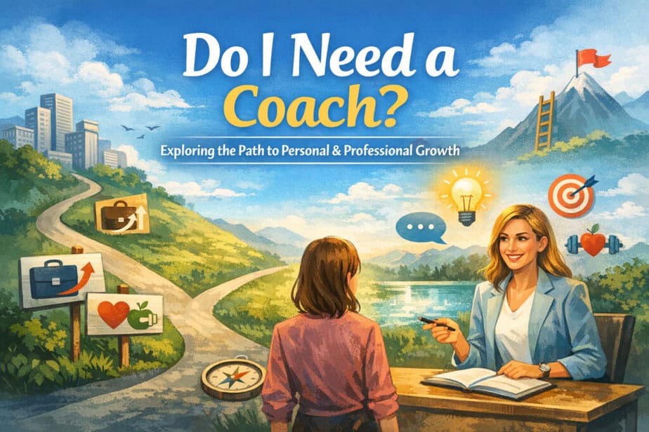 A woman stands at a fork in the road, choosing between career and wellness paths, guided by a smiling female coach.