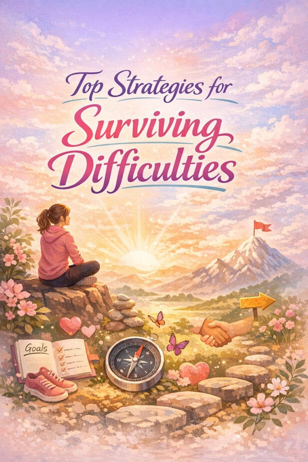 Woman sitting on a rocky path at sunrise, surrounded by symbols of resilience like a journal, heart, lightbulb, and mountain with flag—featured image for Top Strategies for Surviving Difficulties.