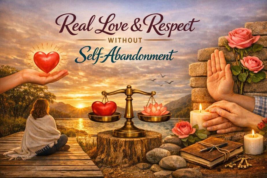 Woman sitting on a lakeside dock at sunset beside a brass scale balancing a heart and lotus, symbolizing love with boundaries.