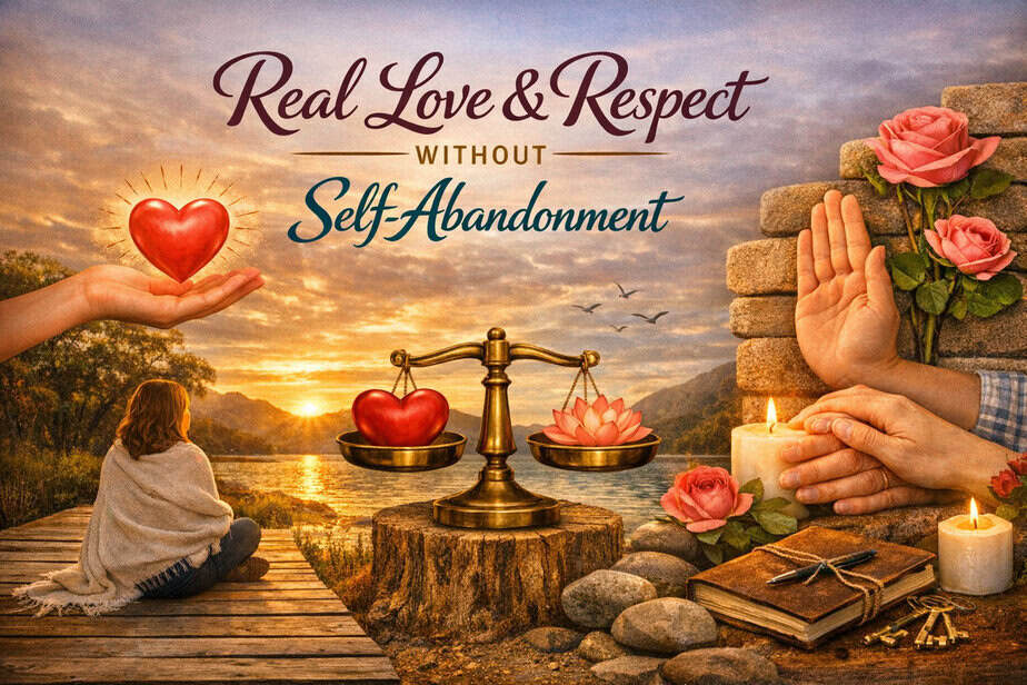 Woman sitting on a lakeside dock at sunset beside a brass scale balancing a heart and lotus, symbolizing love with boundaries.