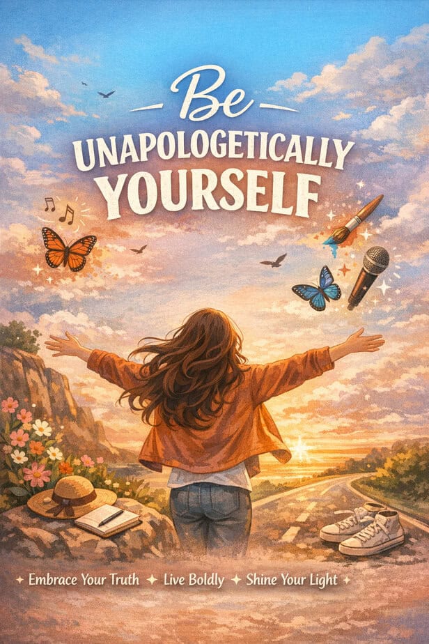 A woman stands on a sunlit road with her arms open wide, surrounded by butterflies, music notes, and creative symbols under the words “Be Unapologetically Yourself.” The scene radiates freedom, self-expression, and emotional strength.